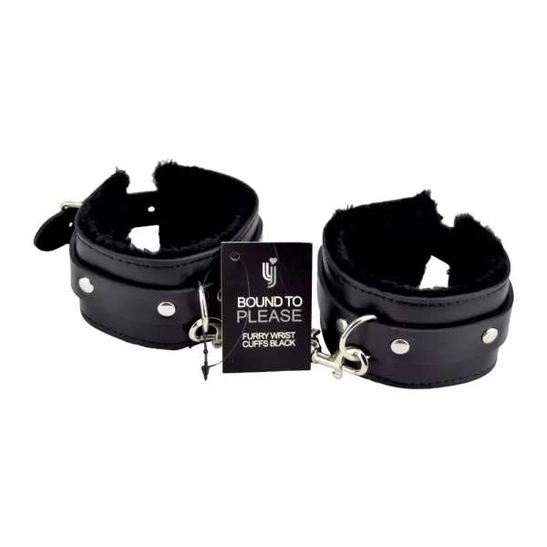 Bound to Please Furry Plush Wrist Cuffs Black - Image 2
