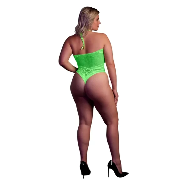 Halter Tie Neck Bodysuit Neon Green Plus Size - Image 3