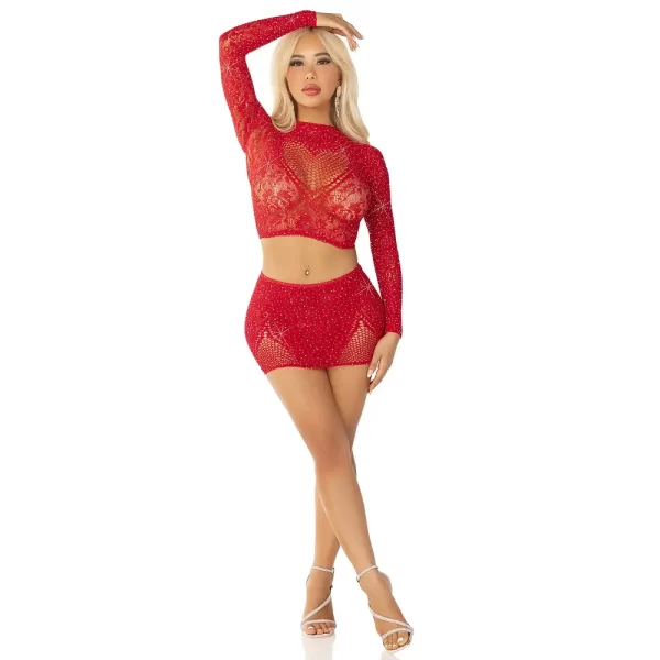 Leg Avenue Rhinestone Crop Top and Mini Skirt Red - Image 4